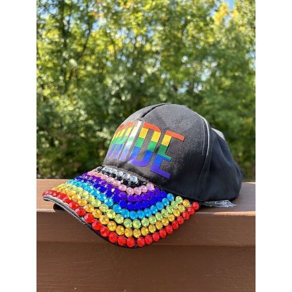 Pride Rainbow Hat Cap Snap Back Black Adjustable Gemstone Bling New No Tags - Picture 2 of 5